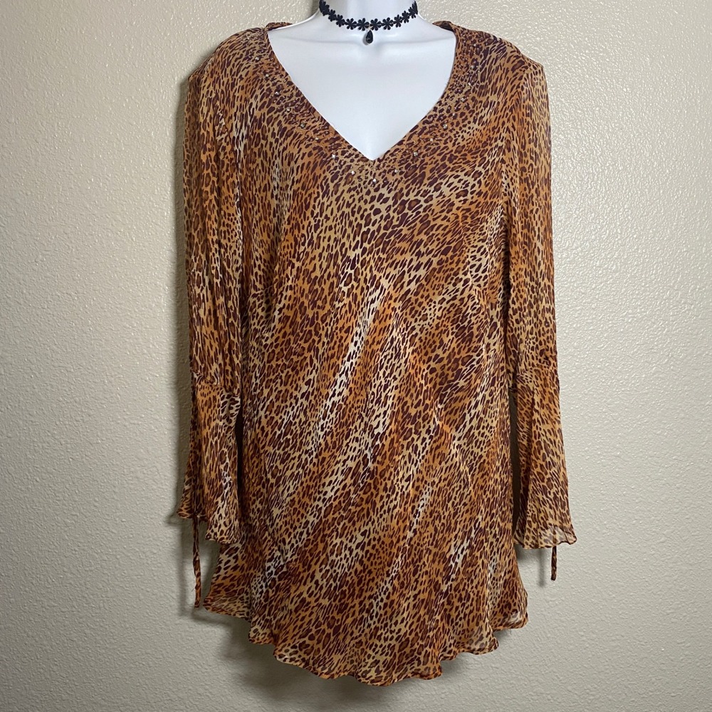 Silk Cheetah Print Blouse 2X Beaded Vintage Y2K Funky Bohemian Boho Festival